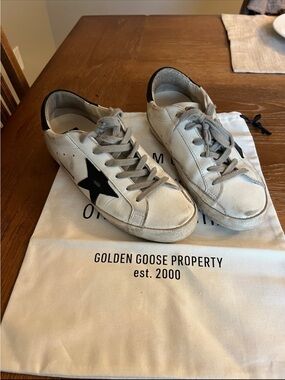 Golden Goose White Leather Sneakers with Black Star Accent